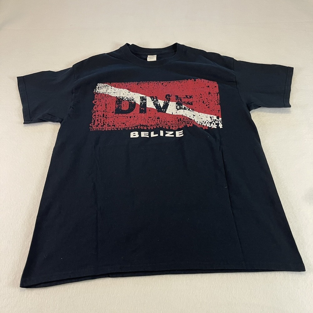 Gildan Heavy Cotton Scuba Belize Black Mens Large T Shirt Red Logo Central